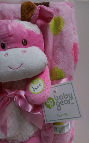 Baby Gear 2 PC Squeaky Cow Baby Girl Lovey Security Blanket & Pink Blanket Set - Picture 4 of 7