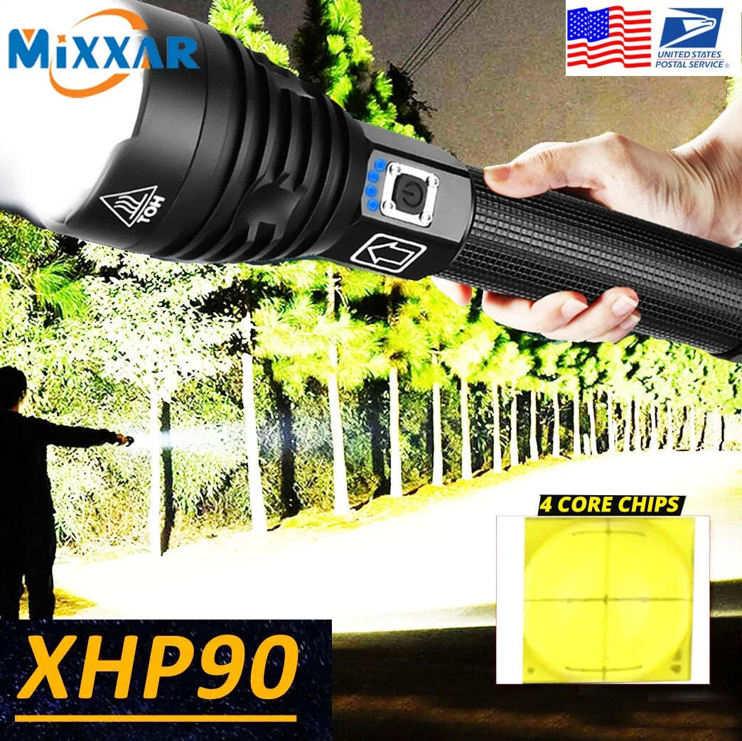 Linterna LED Dropshipping XHP90: USB Recargable Alimentación Pantalla Antorcha