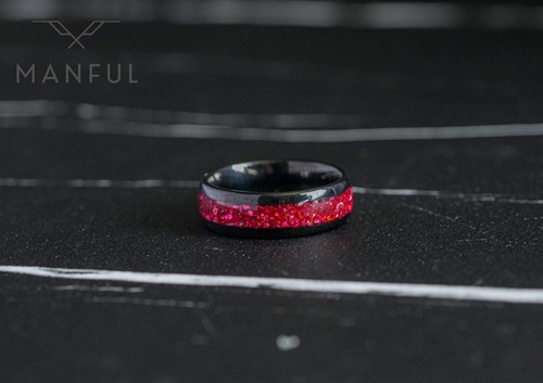 Roter Opal schwarz Wolfram 8 mm Band Herren Jahrestag Hochzeit roter Edelstein Ring - Bild 6 von 16