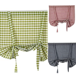 Checked Linen Roman Short Curtains Kitchen Bathroom Door Cabinet