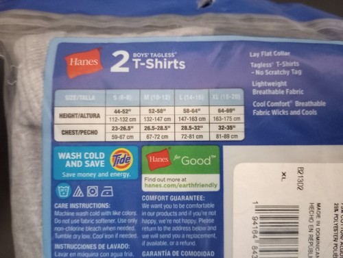 Hanes Boys XL 18-20 2Pack Tagless Tshirts Super Soft Breathable 1 Blue & 1 Gray  - Picture 2 of 4
