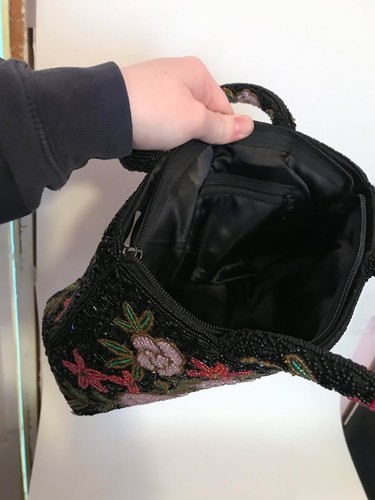 Vintage Hand Beaded Black and Pink Floral With Foliage Purse Handled Bag - Picture 8 of 8