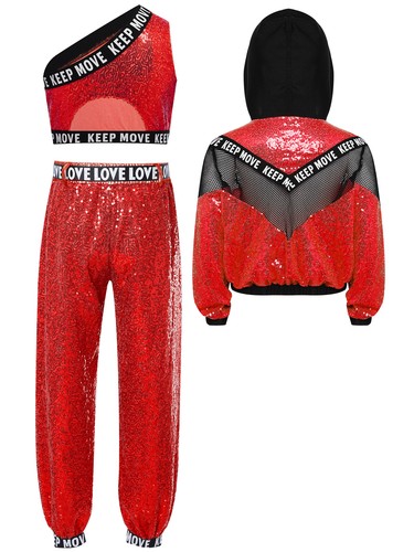 Girls 3Pcs Dance Outfit Sequin Hooded Jacket One Shoulder Vest Harem Pants Set - Picture 68 of 87