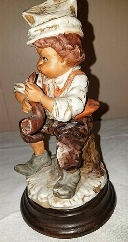 Vintage Ceramic Figurine Peasant Boy Sitting on Stump Playing Horn Puffy Cheeks - Picture 3 of 6