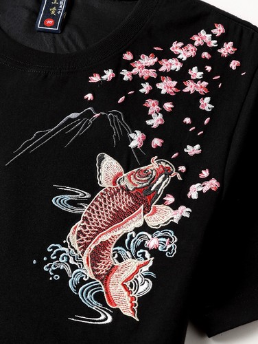 Niepce Men's Dancing Fish Embroidery Tee Japanese Streetwear T-Shirt - Picture 20 of 32