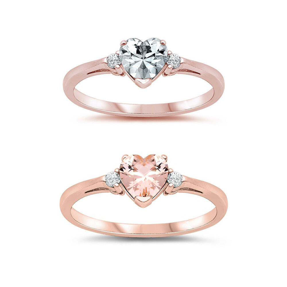 Sterling Silver Heart Ring Clear Pink CZ Side Stone Rose Gold Tone