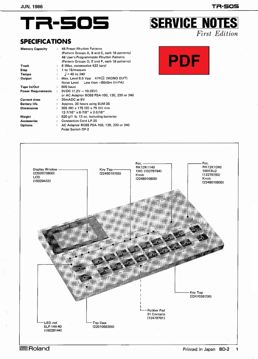 Roland TR-505 Service Manual With Electronic Schematics (ENG / JAP.