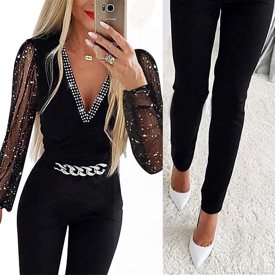 Sexy Damen Strass Overall V-Neck Jumpsuit Hosenanzug Einteiler Romper Clubwear - Bild 3 von 4