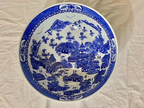 Sehr große chinesische Bowle Schale weiß und blau Emaille - Bild 1 von 23