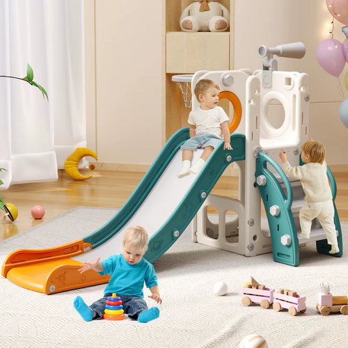6-in-1 Toddler Slide Playset with Basketball Hoop, Climber, Cubby & Telescope - Picture 2 of 3