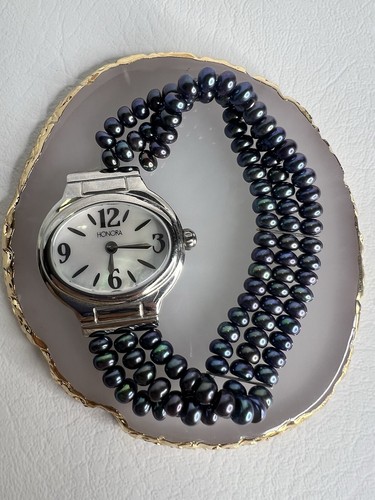 Vintage Honora Freshwater Pearl & Stainless Steel Watch Peacock Color - Picture 3 of 4