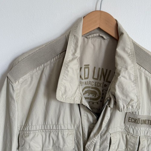 Ecko Unltd Men Beige Utility Jacket Military Style Zip Cuffs - Size XL - Picture 8 of 16
