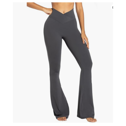 Schlag Leggings grau XL Crossover Glockenboden Yogahose Bauchkontrolle lang groß