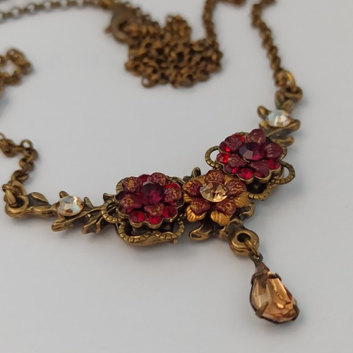 Michal Negrin Necklace Red Dainty Bib Y-Drop Pendant Floral Romantic Long VTG - Picture 12 of 15