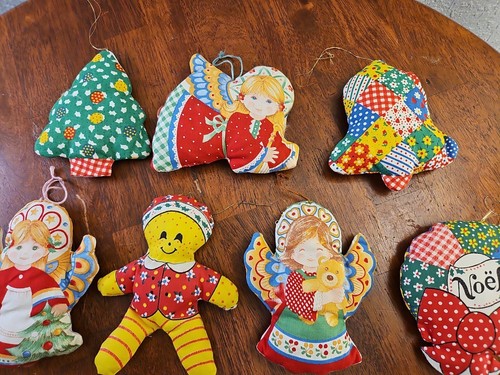 Vintage 1970's Christmas Ornament Lot 9 Fabric Panel Handmade Stuffed Ornament - Picture 3 of 4