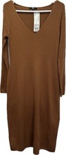 NEW Uniqlo Rust Merino Blend V Neck Fitted Long Sleeve Dress Size M