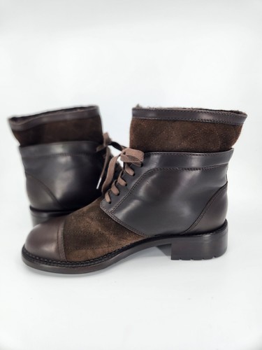Chanel CC Interlocking Brown Cap Toe Quilted Suede Leather Snow Boots Fur 37 US7 - 第 10/16 張圖片