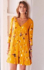 Robe Sezane Aure Silk Dress 6 34 Yellow Gold Swing Trapeze V Neck Button Thru