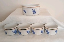 Glow White Ironstone Alfred Meakin 4 Ribbed Ramekins + Souffle Bowl Used - VGC