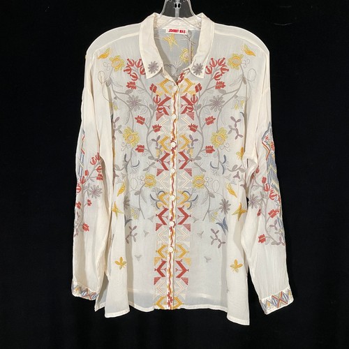 Blusa Johnny Was Girly Bordada Camisa Abotonada Marfil Floral Rayón S - Imagen 2 de 8