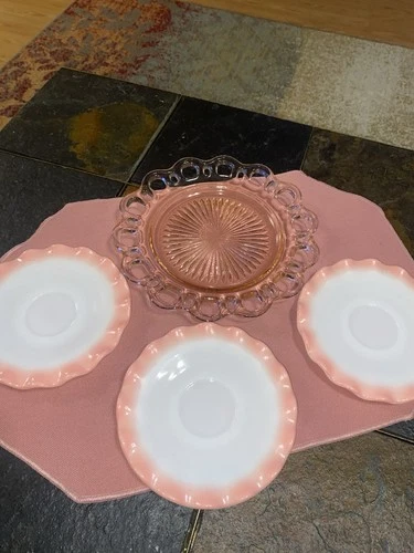 3 Hazel-Atlas Crinoline Ripple Pink Milk Glass Saucers & 1 Anchor Hocking Colony