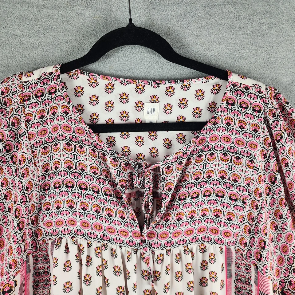 Blusa GAP Mujer 2XL Rosa Boho Floral Cuello Atado Campesino Túnica Top Poliéster Foto 2 de 4