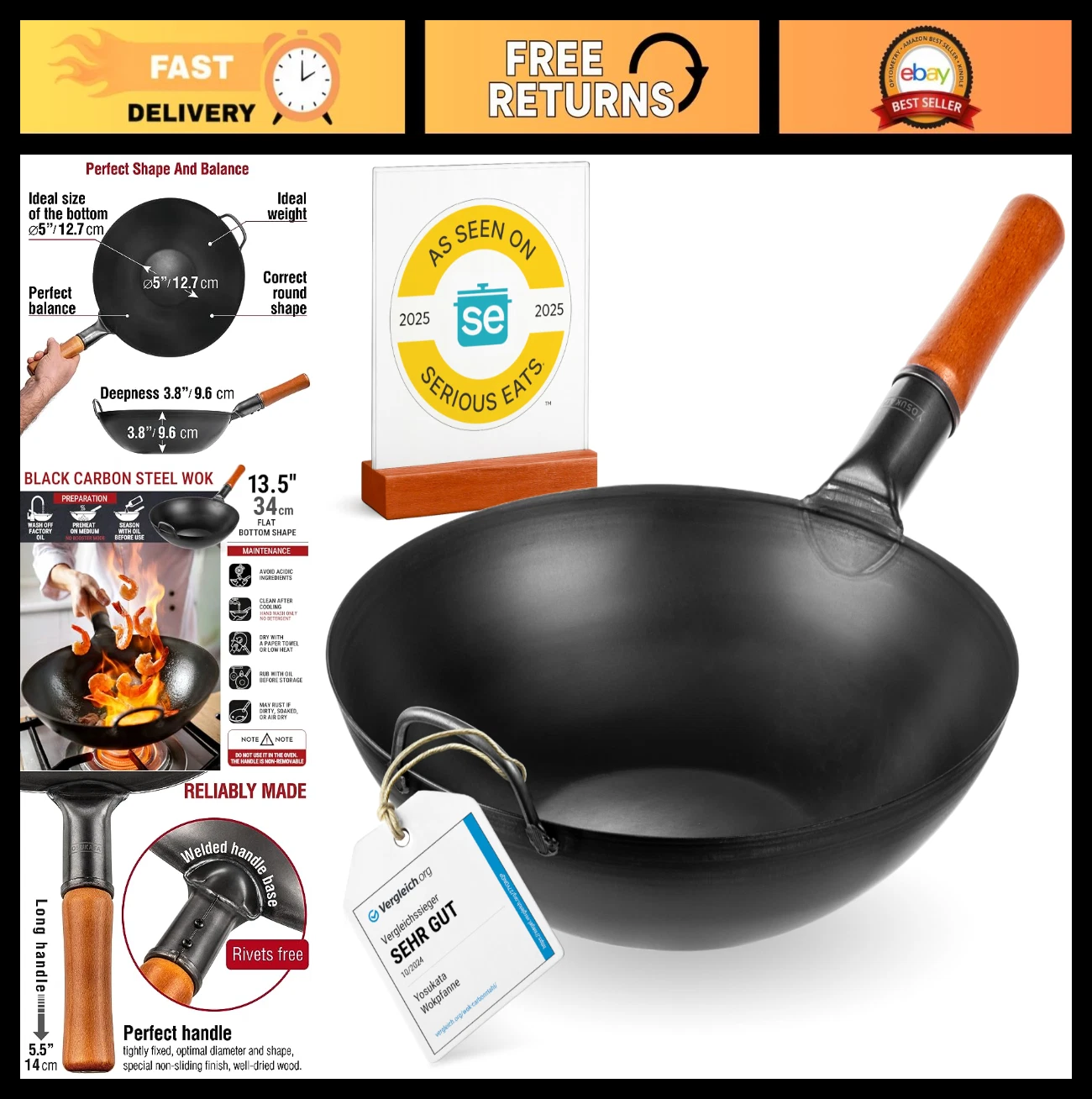 13.5" Pre-Seasoned Carbon Steel Wok Pan - Flat Bottom for Stir Fry, BBQ, Inducti