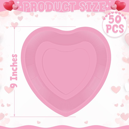 50 PCS Valentines Plates, 9 IN Heart Shaped Plates, Pink Disposable Plates Lo... - Bild 2 von 7