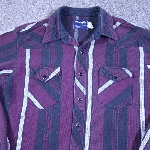 Wrangler X-Long Tails Shirt Mens 17.5 Purple Flannel Striped Western Pearl Snap - Picture 2 of 14