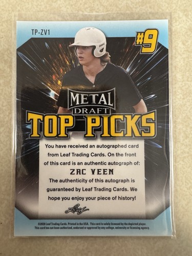 Zac Veen 2020 Leaf Metal Draft Top Picks Autographs Silver Auto #TP-ZV1 - Picture 2 of 2