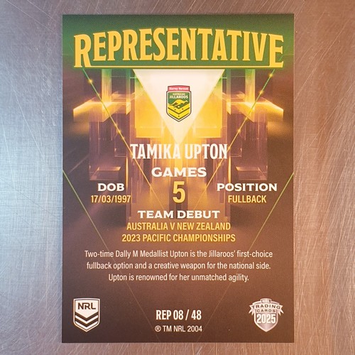 2025 NRL Elite Representative Tamika Upton Card REP08 Australia Jilaroos - Picture 2 of 2
