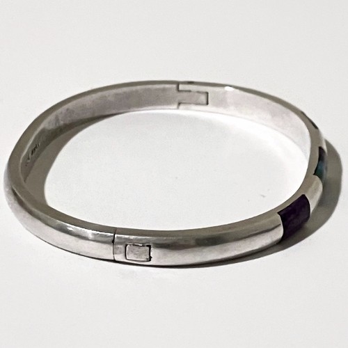 Brazalete Brazalete Bisagras Piedras Incrustadas Multicolor México Plata de Ley .925 8.5" - Imagen 2 de 5
