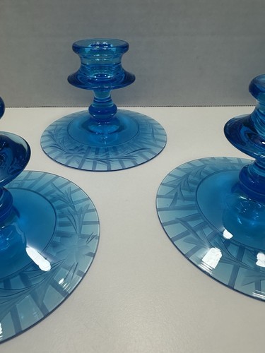 Vintage Fostoria Pionier blau Glas Kerzenständer 4er Set Blumenradierung - Bild 8 von 14
