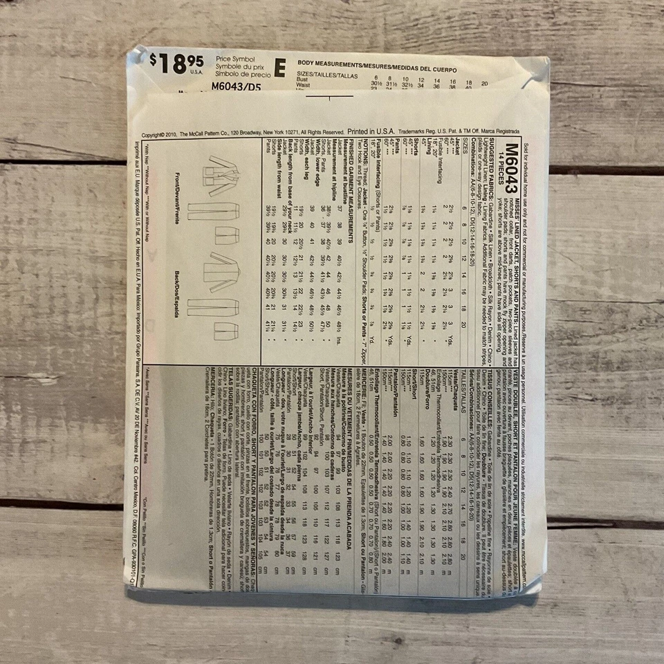 McCalls 6043 Sewing Pattern Suit Lined Jacket Pants Shorts Miss Sz 12-20 UNCUT - Image 2 of 3