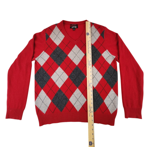 Apt. 9 Red Gray Argyle 100% Cashmere Sweater Men’s Sz L V-Neck Preppy Academic - Picture 3 of 9