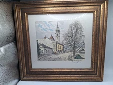 Hans Figura Etching On Satin–" In Grinzing" Vintage Framed Print Signed 