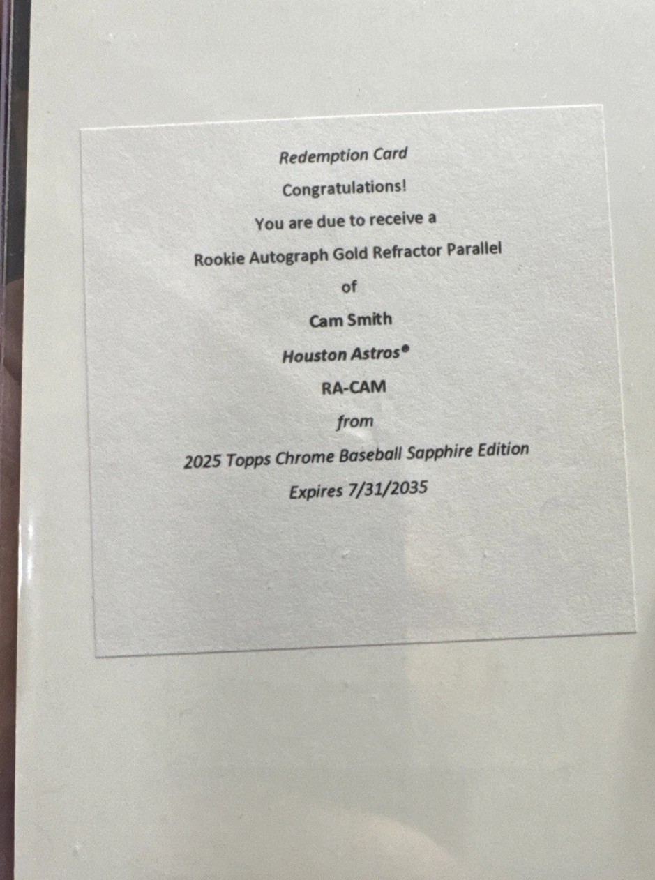 2025 Topps Chrome Sapphire  Cam Smith RA-CAM Gold RC Auto /50 Redemption Card
