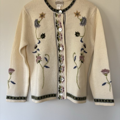 Vtg Coldwater Creek Embroidered Floral Wool Knit Cardigan Sweater Medium Button - Picture 5 of 21