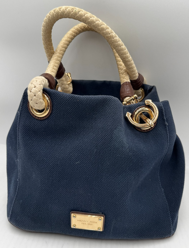 Michael Kors Marina Women's Handbag Navy Nautical Canvas Braided Straps Tote Bag