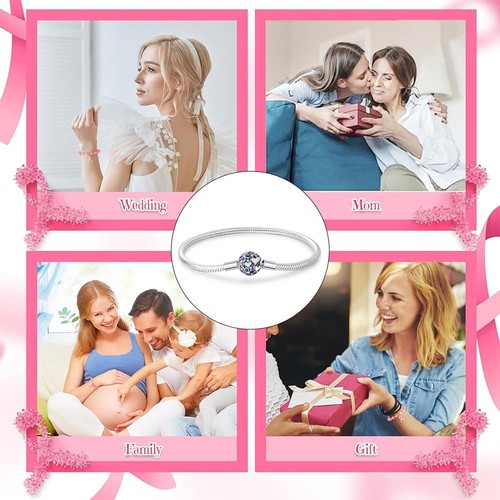 7.1in/18cm Heart Snake Chain Charm Bracelet 925 Sterling Silver Bead with 5A Cub - Bild 5 von 6