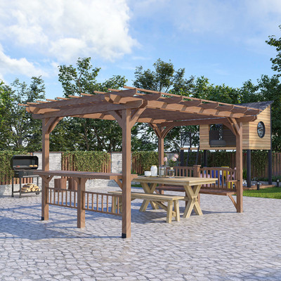 Outsunny 14' x 10' Wood Pergola Grill Gazebo with Bar Counters & Seatings