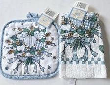 Vintage 1980’s Gourmet Gallery Pot Holder & Dishcloth Country Hearts Dusty Blue