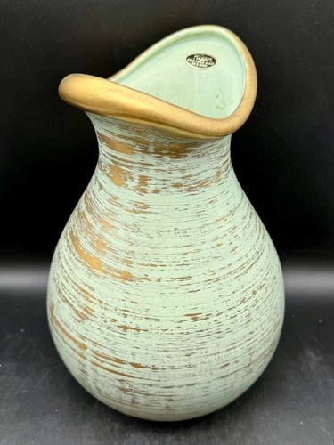 Large Royal Haeger Gold Tweed Flower Vase Turquoise 22k Vintage MCM Pottery USA