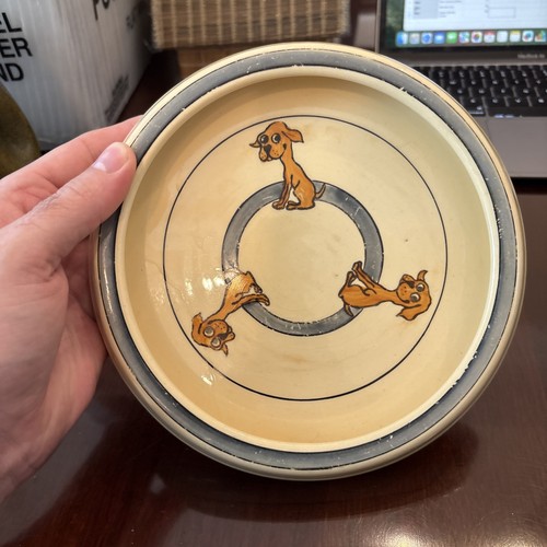 Antik 1920er Roseville Keramik Baby Kinder Essen Geschirr süß braun Hund Glanz Ware - Bild 2 von 7