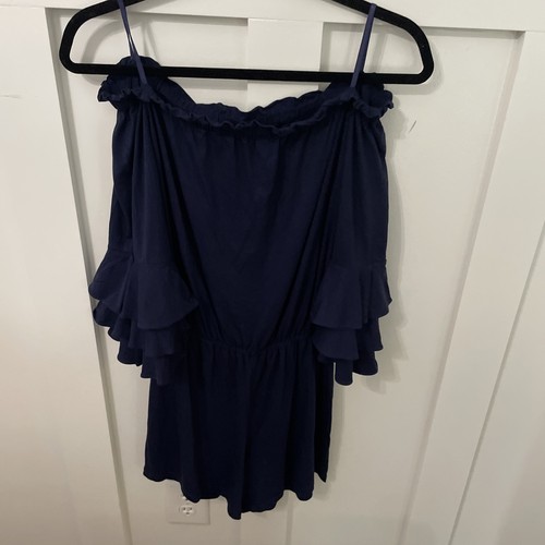 Lilly Pulitzer Calla Romper  Navy Blue Off the Shoulder Ruffle Sleeve Rayon XS - Picture 1 of 8