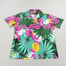 Vintage Hilo Hattie Shirt Mens Large Green Pink Hawaiian Floral Aloha Button