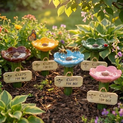 5 Set Bee Watering Station Flower-Shaped Feeders with 5 Steel Stakes, Colorfu...