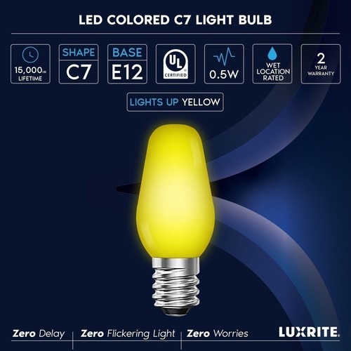 Luxrite 12-Pack C7 LED Yellow Light Bulb for String Lights 0.5W E12 UL Outdoor - Picture 6 of 7