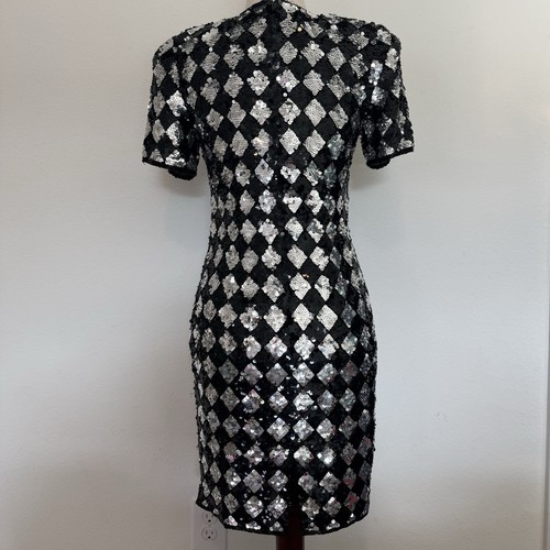 Vintage AJ Bari Mini Dress Size 4 Full Sequin 100% SILK Checkerboard Black White - Picture 2 of 14