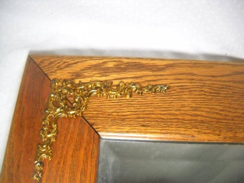 Antique Oak Wall Beveled Mirror w/ Brass Filigree 19 1/4" x 19 1/4" - Picture 5 of 7
